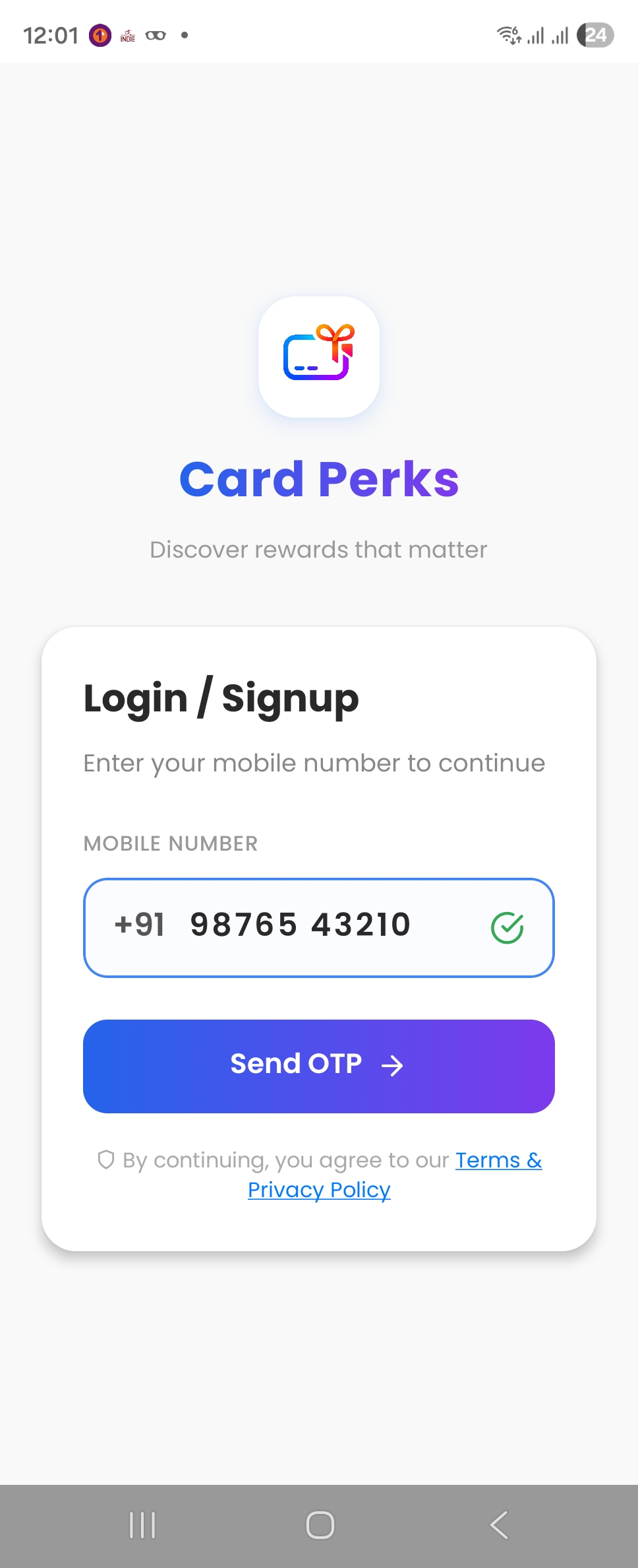 Card Perks login screen